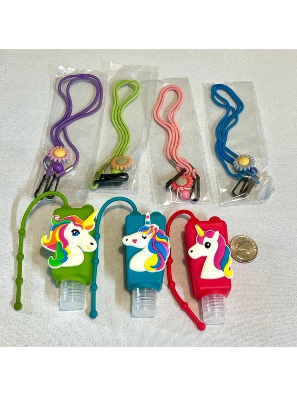 3 Empty Unicorn Hand Sanitizer Carriers and 4 Mask Lanyards